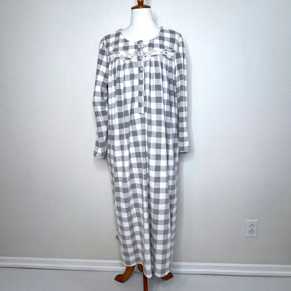 LANZ Of SALZBURG Fleece Long Nightgown MED Gray Plaid Lace Trim Cottage Core
